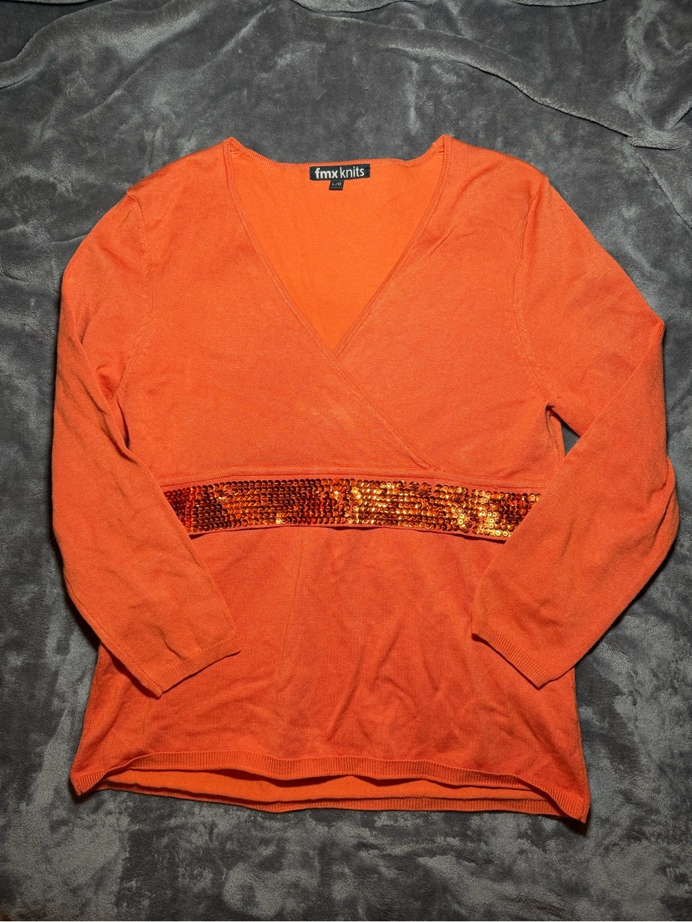 Women's Orange V-Neck Long Sleeve Top with Sequin Waist
